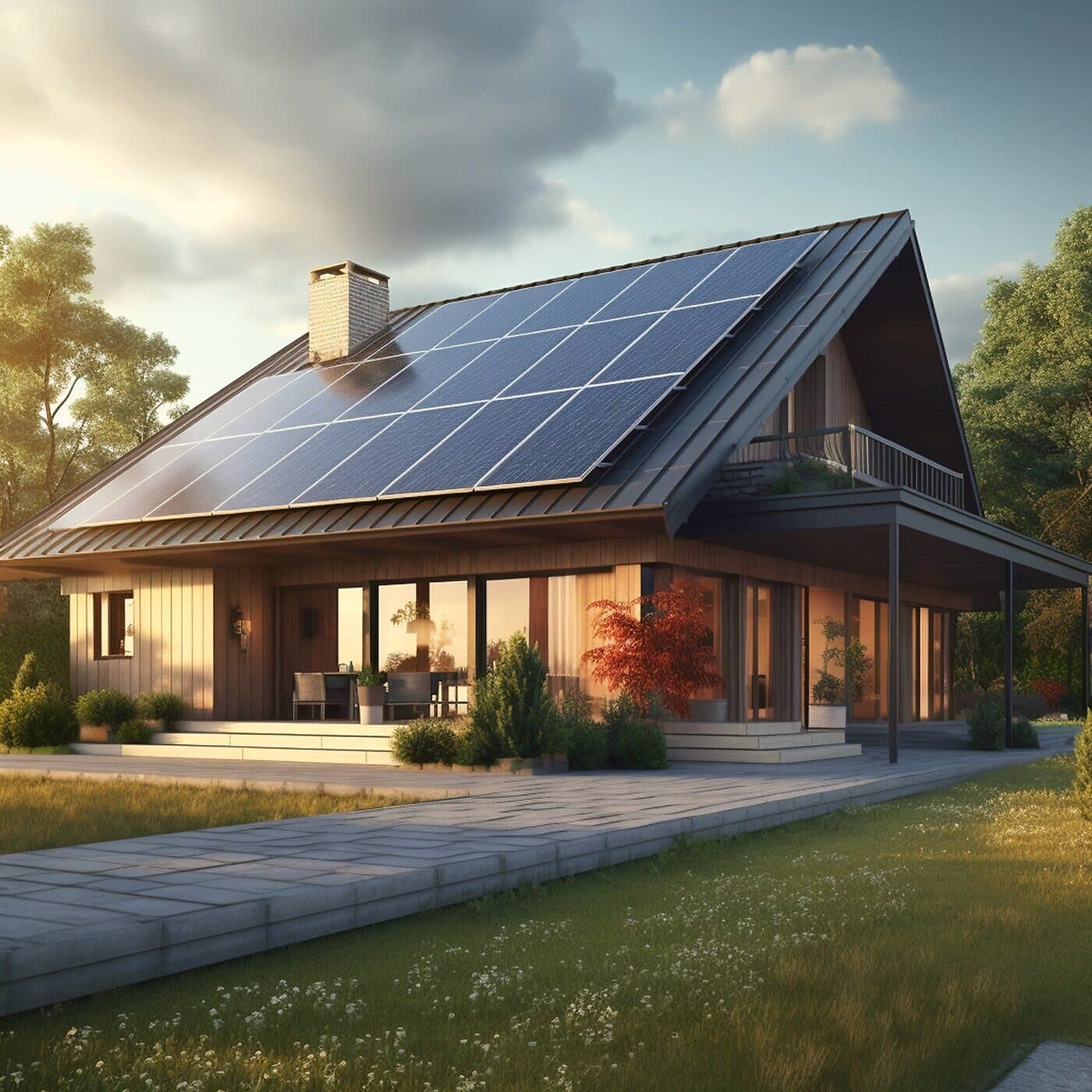 Modernes Wohnhaus mit Solardach im warmen Abendlicht