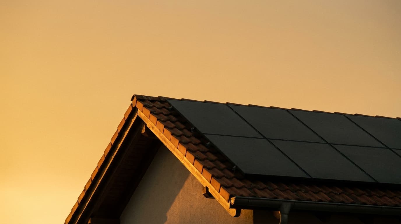 Neu installierte schwarze Photovoltaik-Anlage auf einem Dach im Abendlicht