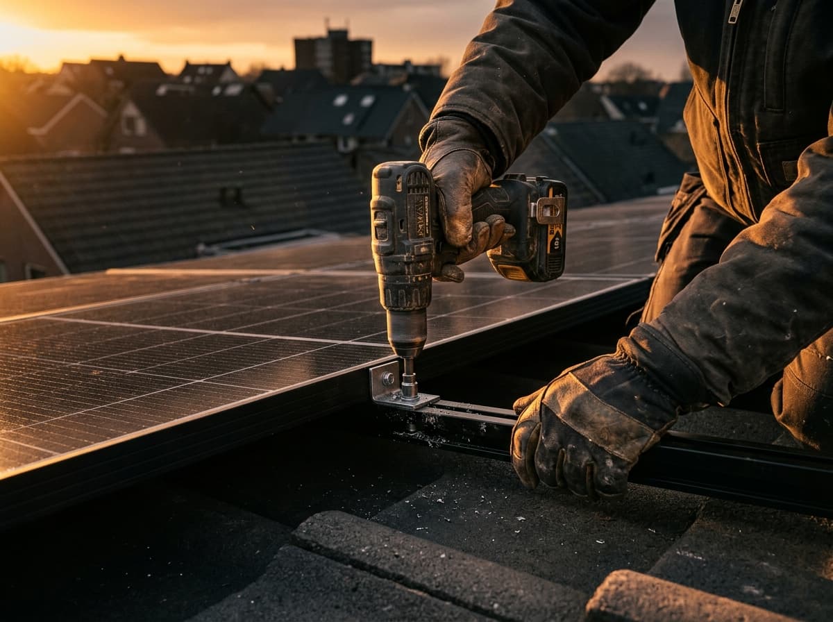 Handwerker verschraubt eine Solar-Unterkonstruktion im Abendlicht