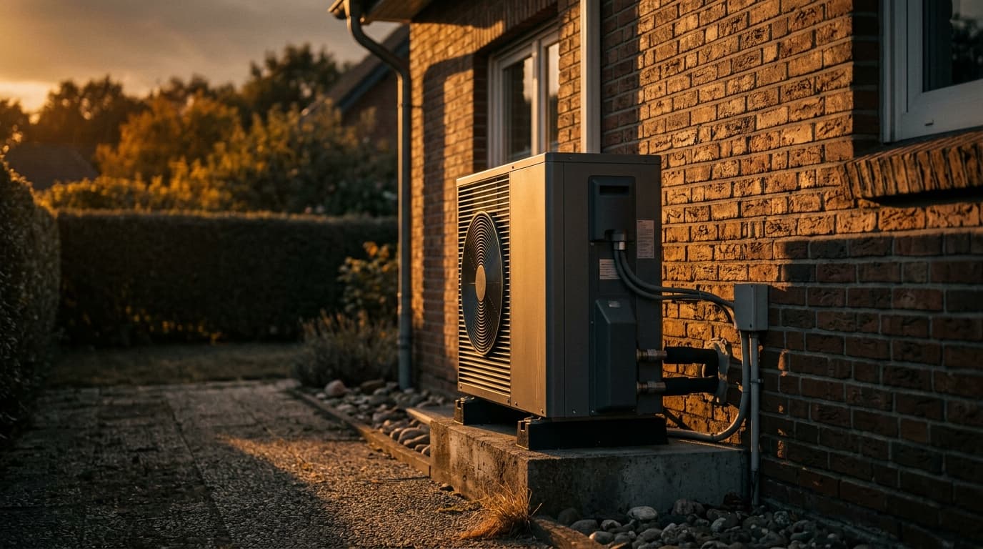 Moderne Wärmepumpe an einer Hauswand im Abendlicht